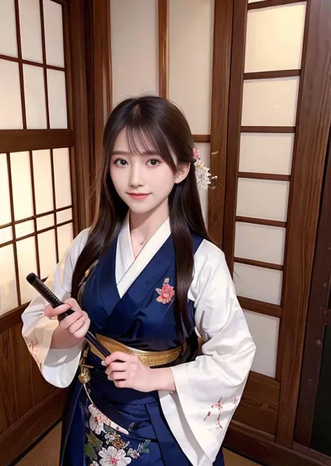 ((masterpiece, ultra-detailed, intricate details, best quality, illustration)),1girl, solo, highres, full body, looking at viewer, blue eyes, black hair, long hair, side ponytail, smiling, wearing traditional Japanese clothing, hakama, uwagi, geta, holding a katana sword, in a Japanese garden, sakura tree, petals falling, shoji door, sunlight shining through, warrior pose, confident expression, heroic, strong, feminine, empowered, traditional, Japanese culture, Eastern aesthetics, elegant, beautiful, detailed, vibrant colors, high contrast, dynamic lighting, realistic textures, traditional painting style, illustration aesthetic <lora:chilloutmixss_xss10:0.3> <lora:koreandolllikeness_V10:0.3> <lora:taiwanDollLikeness_v10:0.4>