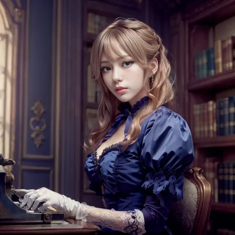 (realistic low-angle long-shot photo, photorealistic:1.2), (HDR image:1.15), ((masterpiece,best quality, detailed)),
<lora:Ever garden:0.5>, <lora:Project L:0.7>, violet_evergarden, solo, blonde_hair, blue_eyes, medium breasts,
jacket, laced dress, long_sleeves,
(hair_ribbon, ribbon, brooch, gem, jewelry:1.1),
smile, sitting on, (with gloves, typing on typewriter:1.4),
victorian, library, postal,
action scene lighting, aesthetic style