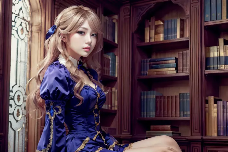 (realistic low-angle long-shot photo, photorealistic:1.2), (HDR image:1.15), ((masterpiece,best quality, detailed)),
<lora:Ever garden:0.5>, <lora:Project L:0.7>, violet_evergarden, solo, blonde_hair, blue_eyes, medium breasts,
jacket, laced dress, long_sleeves, high-heeled thigh-high boots,
hair_ribbon, ribbon, brooch, gem, jewelry,
sitting on, holding a pen, writing letters, smile,
victorian, library,
action scene lighting, aesthetic style