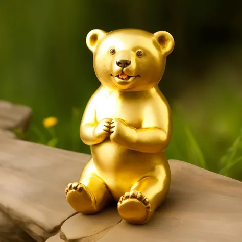 a cute bear, <lora:goldcarvingcd-000007:0.4>, goldcarvingcd, high quality, masterpiece, realistic, photorealistic, long-focus, outdoors, (full body:1.2)