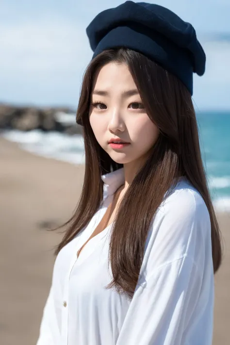 masterpiece, best quality,closed mouth, looking at viewer, alluring, clean, beautiful face, pure face, pale skin, little smile, a woman standing on a beach next to the ocean with a hat on her head and a jacket on her shoulders and a white shirt underneath her, <lyco:kang_mina:1>,