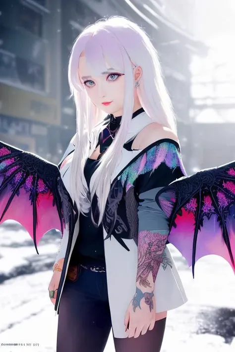 professional portrait photograph of a [lucyd]  girl  ((sultry flirty look)), beautiful symmetrical face, wearing elegant winter fashion clothing, ((standing outside in snowy city street)), stunning modern urban upscale environment,ultra realistic,depth of field, f/1.8, 85mm, medium shot, mid shot, (centered image composition), (professionally color graded), ((bright soft diffused light)), volumetric fog, hdr 4k , (dragon tattoo),  feathered wings , colorful, coloured clouds of color,(intricate details:1.5), (pastel tattoo:1.2), epic realistic, faded, ((neutral colors)), art, (hdr:1.5), (muted colors:1.2), hyperdetailed, (artstation:1.5)<lora:luxidd-000012:0.9>