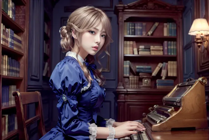 (realistic low-angle long-shot photo, photorealistic:1.2), (HDR image:1.15), ((masterpiece,best quality, detailed)),
<lora:Ever garden:0.5>, <lora:Project L:0.7>, violet_evergarden, solo, blonde_hair, blue_eyes, medium breasts,
jacket, laced dress, long_sleeves, wearing gloves,
(hair_ribbon, ribbon, brooch, gem, jewelry:1.1),
sitting on, (typing on typewriter:1.3),
victorian, library, postal,
action scene lighting, aesthetic style