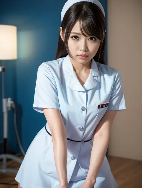 1girl, solo, YuraS, nurse, nurse cap, in a hospital, looking at viewer, indoors, bangs, short sleeves, perfect lighting, flat light, masterpiece, best quality, extremely detailed face, perfect lighting, fair skin, ultra high res, ultra detailed, (photorealistic:1.4), grain, <lora:YuraSakuraLora_v23:1>