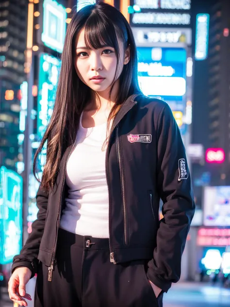 1girl, YuraS, close-up, portrait, (masterpiece), best quality, ultra high res, beautiful clean face, wearing jacket and trousers with glowing light, night time view, cyberpunk style, neon lights, <lora:YuraSakuraLora_v23:1.1>