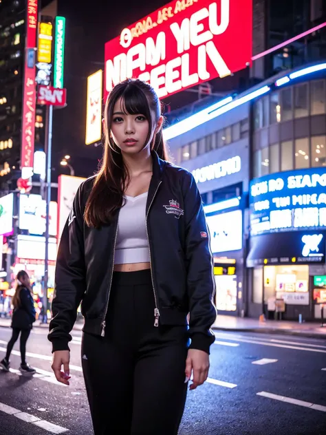1girl, YuraS, (masterpiece), best quality, ultra high res, beautiful clean face, wearing techwear jacket and black trousers with buckle and tape, night time view, cyberpunk style, neon lights, <lora:YuraSakuraLora_v23:1.1>
