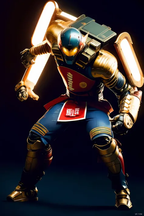 a japanese samurai robort, full body, intense looking, glowing eyes, black stainless steel armor, battle stance , dashing, sci-fi,
glowing energy fields , scratched, high key light, neon lights,
(high contrast, best shadow)
photo, masterpiece, best quality, ultra high res, (photorealistic:1.4),, high resolution, detailed, raw photo , kodak portra 400 camera ,f1.6 lens, rich colors <lora:FINAL Robort:0.9>