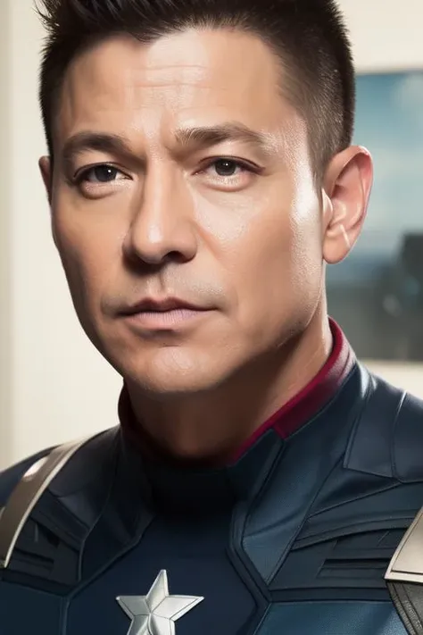 realistic, photorealistic, (masterpiece:1.5), concept art, intricate details, highly detailed, octane render, 8k, unreal engine, dynamic pose, best quality, highres, ((dramatic)), epic, depth of field, particles, (realistic face:1.1), ((1man, upper body, perfect eyes, detailed eyes, high quality eyes, <lora:ldh-000010:0.8>, high quality face, Captain America, X-Men, manly)), detailed background,