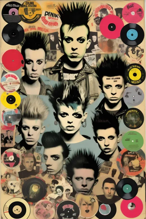 <lora:Punk Collage:1>Punk Collage - A vinyl record with punk band stickers on the cover, highlighting the punk music and vinyl culture