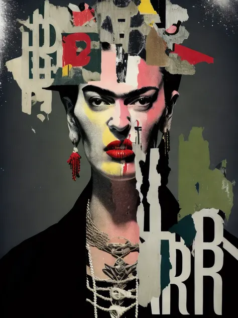 <lora:PunkCollage:1>punk collage of a frida kahlo de rivera