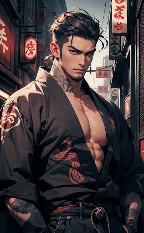 A handsome and strong Japanese yakuza man lies in a dark alley late at night, gaze at the camera,usar kimonos,Cabello rubio corto,Sostiene una katana en su mano derecha,His body is covered in traditional Japanese tattoos,There was dirt and some blood on the body,Aguaceros,Niebla densa, gotas de agua en la piel, empapado por todas partes, Estaba oscuro, It was raining a lot., ((((Alto detalle)))), (Plano completo), (Fotorrealista,fotorrealista,fotorrealista:2), (cuerpos perfectos), (Cara perfecta), (ojo perfecto), peligroso, malo culo, epopeya, ((((con cara detallada,Estructura corporal correcta,Proporciones corporales correctas))))