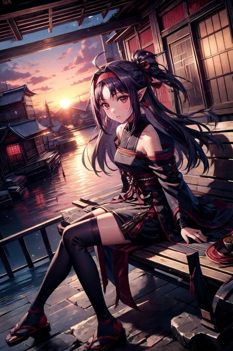 (masterpiece, best quality, detailed), 1girl, solo, looking at viewer, <lora:yuuki _(sao):0.8>, yuuki \(sao\), pointy ears, long hair, ahoge, red hairband, <lora:ShinobiTech:1>, shinobitech, shinobi, bulky metal, cyberpunk, outdoors, house, rural, village, scenery, path, river, bridge, dutch angle, sitting on bench, on bench, bench, sitting, full body, parted lips