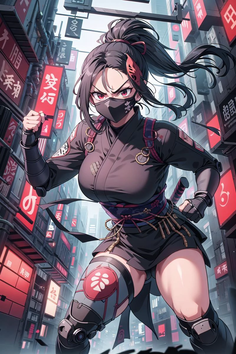 masterpiece, best quality, official art, extremely detailed CG unity 8k wallpaper, 1girl, fighting stance, rage, angry, fists, <lora:ShinobiTech:0.7> shinobitech, scifi, shinobi, bulky metal , (cyberpunk:1.1) , neon lights, (ninja mask:1.5), ponytail,