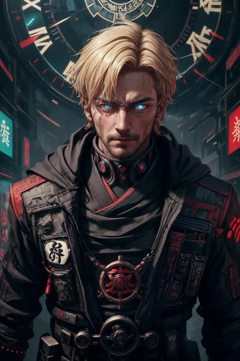 (best quality, masterpiece), <lora:tangbohu-detailer_1.0:0.8>
(1man, muscular adult male:1.2), ruby eyes, blonde hair, fade,
portrait, solo, half shot, looking at viewer, detailed background, detailed face, (<lora:ShinobiTech:0.6>, cyberpunk, shinobitech theme:1.1) glowing eyes, (master of time:1.1), infinity, weightless, fractal geometry, time, standing still, clock-face in background, ethereal atmosphere,