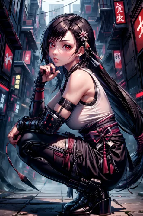 (masterpiece, best quality, detailed), 1girl, solo, looking at viewer, <lora:tifa-nvwls-v2:0.8>, defTifa, red eyes, low-tied long hair, earrings, <lora:ShinobiTech-20:1>, shinobitech, shinobi, bulky metal, cyberpunk, outdoors, bamboo forest, nature, squatting, from side, parted lips