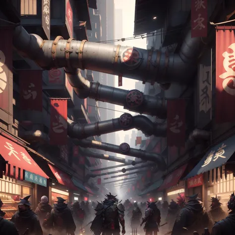 <lora:ShinobiTech-20:0.9>, shinobitech , scifi, shinobi, bulky metal ,
shopping district , (crowded), pipes