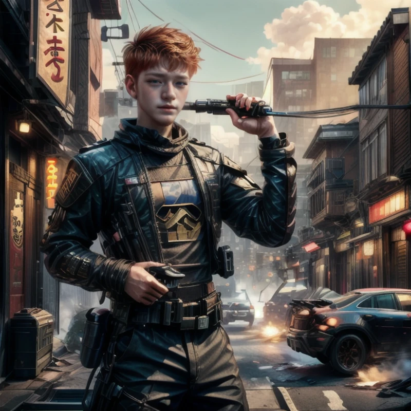a man, action portrait of <lora:dg_Finn_v1:1> dg_Finn as a cyberpunk mercenary <lora:ShinobiTech:0.6>, shinobitech, (Cyberpunk style :0.8), Neon, dystopian, futuristic, digital, vibrant, detailed, high contrast, reminiscent of cyberpunk genre, (candid photography:0.9), quarter turn,1/4 body pose, upper body view, averted gaze, RAW photo, full sharp, (FullHD epic wallpaper) 8k uhd, dslr, soft lighting, high quality, film grain, Fujifilm XT3, <lora:more_details:0.75>, <lora:sharpen-soften:-0.4>,<lora:hipoly3DModelLora_v20:0.3>