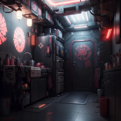 <lora:ShinobiTech-20:0.9>, shinobitech , scifi, shinobi, bulky metal , (cyberpunk:1.3), neon lights, ,
kitchen , interior ,