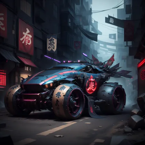 <lora:ShinobiTech-20:1.3>, shinobitech , scifi, shinobi,   bulky metal , (cyberpunk:1.1) , neon lights, 
(porsche:0.8) vehicle on the street ,