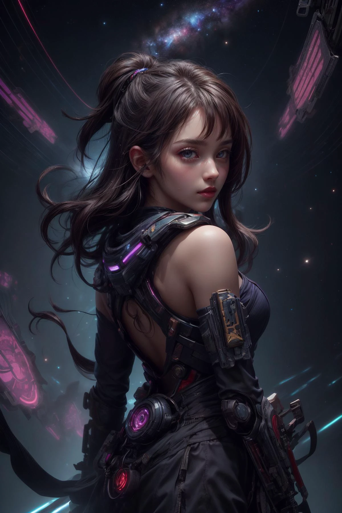 (masterpiece, best quality:1.4), (beautiful, aesthetic, perfect, delicate, intricate:1.2), <lora:more_details:0.75>, <lora:sharpen-soften:-0.25>, <lora:realistic:0.25>,
1 girl, adult (elven:0.7) woman, purple eyes, medium brown straight hair,
<lora:GoodHands-beta2:0.8>,
Style-GravityMagic, portrait, solo, (full body:0.6), looking at viewer, detailed background, detailed face, (<lora:ShinobiTech:0.6>, bulky metal, cyberpunk, neon lights, shinobi, shinobitech theme:1.1) star wizard, star sign, calm composure, benign, pisces, geometric symbolism, interstellar energy, nebula, glow, shine, backlighting, cosmic space background, esoteric atmosphere,