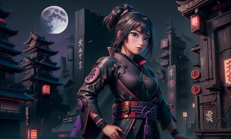 scifi, shinobi, cyberpunk, neon, (portrait), (adult woman), (1girl, solo), (Japanese), (revealing dress), ((small breasts)), ((muscular)), abs, (black hair, medium hair), (purple eyes), (parted lips, sensual, seductive), freckles, detailed skin, ((landscape, city, lake, night, moon)), (best quality, high detail), ((masterpiece)), <lora:anna_of_arendelle_v2:0.8> , (anna of arendelle),
