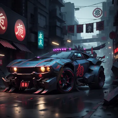 <lora:ShinobiTech-20:1.1>, shinobitech , scifi, shinobi,   bulky metal , (cyberpunk:1.1) , neon lights, 
(lamborghini :0.8) vehicle on the street ,