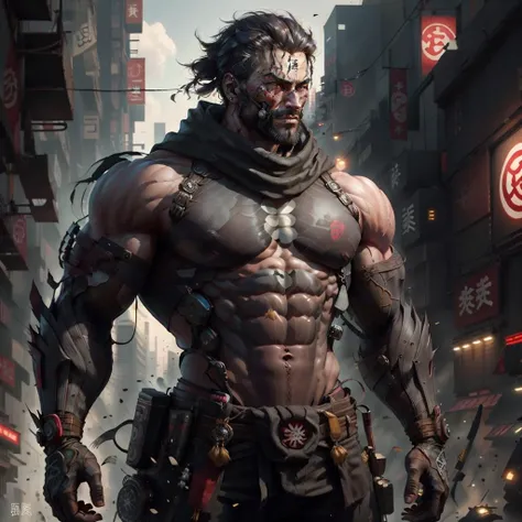 Man 25 years, athletic body, bicipes and triceps detailed, jaw with black mask, thick aesthetic neck, beautiful big eyes, samurai hair, shirtless, strong forearm, defined abdomen, large pectoral, angry look, legs armored by technological suit, large legs defined, high quality, warrior, sicatrizes, full body vision, mountains background, 4k, extremely detailed, Unreal Energy 5. --auto --s2