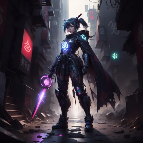 <lora:ShinobiTech-20:0.9>, shinobitech , scifi, shinobi, bulky metal , (cyberpunk:1.1) , neon lights, hatsune miku, 1girl,
female knight, armor, holding sword, full body, glowing cape , standing,
