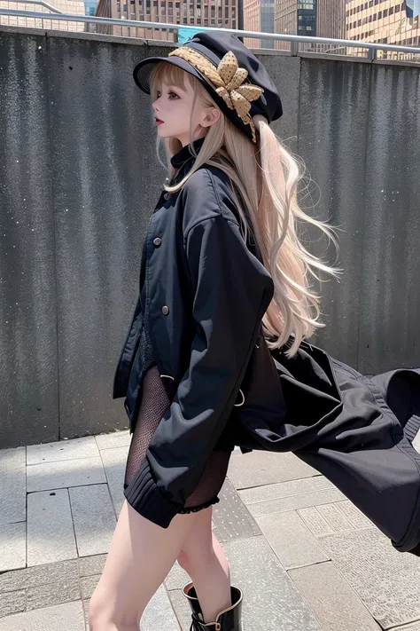 1girl, blonde_hair, boots, brick_wall, building, chain-link_fence, city, cityscape, coat, fence, fishnets, from_side, hat, jacket, lips, long_hair, outdoors, profile, skyscraper, solo, standing,assertive female,evil smile,cute,16 years old,high_heels,lips,realistic,straight long hair,tall,long legs,erotic,<lora:linYuchunv2:1>