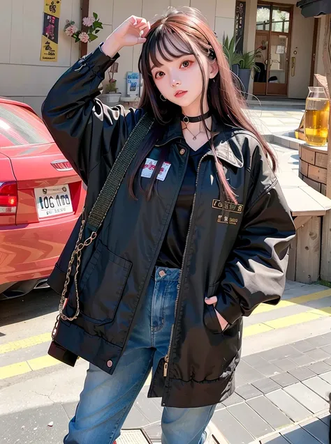 1girl, arm_up, brown_hair, building, chain-link_fence, choker, hand_in_pocket, jacket, jeans, lips, long_hair, looking_at_viewer, pants, solo, standing, tile_floor, tile_wall, tiles,assertive female,evil smile,cute,16 years old,high_heels,lips,realistic,straight long hair,tall,long legs,erotic,<lora:linYuchunv2:1>