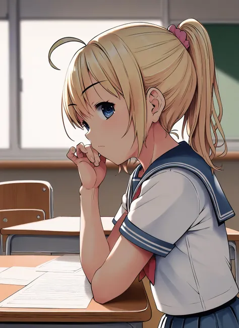 anime girl sitting at a desk with her hand on her chin