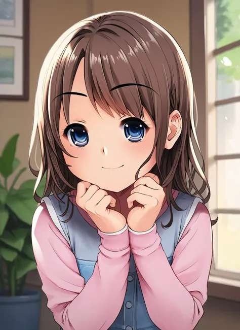 anime girl with blue eyes and brown hair posing for a picture