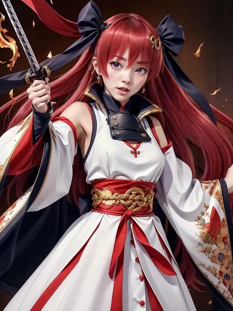 (masterpiece,best quality,high resolution:1.3) 1girl bare_shoulders deni_m detached_sleeves dress fiery_background fire floating_hair hair_ornament hair_ribbon holding holding_sword holding_weapon jouizumi_masamune katana open_mouth pointing_sword popped_collar red_eyes red_hair ribbon solo straight-on sword teeth tenka_hyakken two_side_up weapon white_dress wide_sleeves <lora:masamune:0.7>