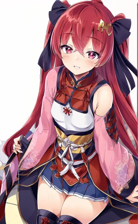 (masterpiece,best quality,high resolution:1.3),(V-sign,peace sign,happy smile,japanese shrine,blue sky:1.2), <lora:test:0.75>,weapon, long hair, skirt, sword, red hair, thighhighs, pleated skirt, looking at viewer, sitting, hair between eyes, blue skirt, armor, hair ornament, red eyes, katana, twintails, bow, very long hair, black bow, bangs, long sleeves, sheathed, hair bow, covered navel, miniskirt, blush, two side up, sheath, boots, parted lips, ribbon, hair ribbon, small breasts, breasts, zettai ryouiki, black ribbon