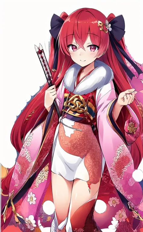(masterpiece,best quality,high resolution:1.3),(cowboy shot,happy smile,japanese shrine,blue sky:1.2), <lora:test:0.75>,japanese clothes, long hair, kimono, red hair,arrow (projectile), weapon, hair ornament, floral print, pink kimono, twintails, looking at viewer, holding, sash, obi, very long hair, sword, sheath, bag, blush, hair between eyes, hair bow, bow, standing, hamaya, wide sleeves, hair flower, flower, print kimono, long sleeves, bangs, sheathed, shiny hair, ribbon, ema, black bow, closed mouth, red eyes, shiny, fur collar, fur trim,