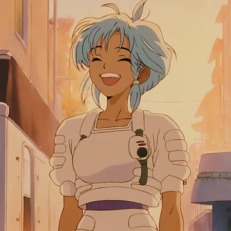 minimalism style, flat, ghibli, k4r1n woman standing, close-up, laughing, happy, golden hour, front view, background of a street <lora:k4r1n-000005:0.6> (masterpiece,best quality,niji style)