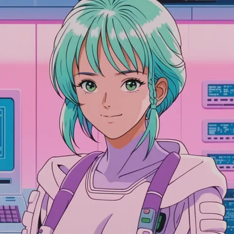 realistic, k4r1n woman standing, kawaii, cute, extreme close-up, happy, front view, background of gradient fluorescent computer room, pastel tones (by wes anderson:1) <lora:k4r1n-000005:0.6>