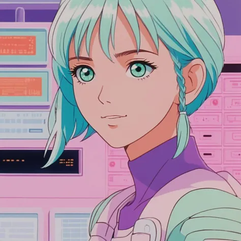 realistic, k4r1n woman standing, kawaii, cute, extreme close-up eye focus, happy, from side, background of gradient fluorescent computer room, pastel tones (by wes anderson:1) <lora:k4r1n-000005:0.6>
