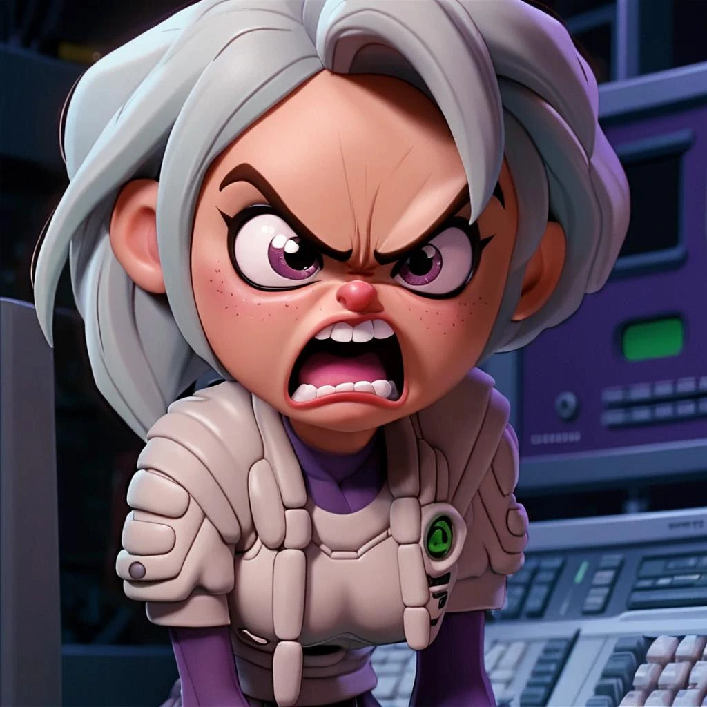 k4r1n woman, kawaii pose, extreme close-up, angry, nightime, medium shot, background of a computer room <lora:k4r1n-000005:0.6> 3D, disney pixar dreamworks style, intrincate detailed