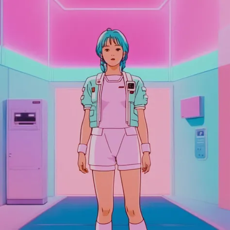 realistic, k4r1n woman standing, kawaii, cute, medium shot, happy, front view, background of gradient fluorescent, pastel tones (by wes anderson:1) <lora:k4r1n-000005:0.6>