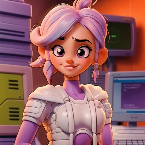k4r1n woman, kawaii pose, close-up, happy, sunset, golden hour, medium shot, background of a computer room <lora:k4r1n-000005:0.6> 3D, disney pixar dreamworks style, intrincate detailed