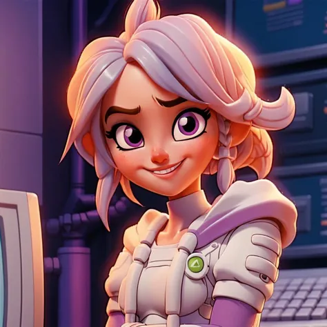k4r1n woman, kawaii pose, close-up, happy, sunset, golden hour, medium shot, background of a computer room <lora:k4r1n-000005:0.6> 3D, disney pixar dreamworks style, intrincate detailed