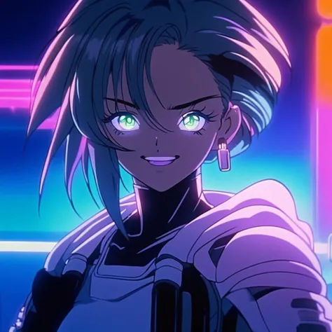 realistic, k4r1n woman standing, extreme close-up, happy, front view, background of gradient fluorescent, , nightime, neon lights <lora:k4r1n-000005:0.6> (masterpiece,best quality,niji style)
