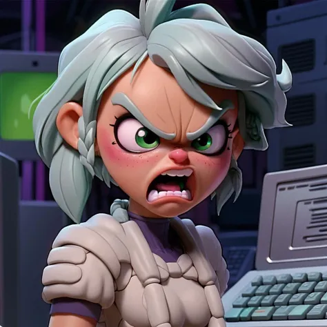 k4r1n woman, kawaii pose, extreme close-up, angry, nightime, medium shot, background of a computer room <lora:k4r1n-000005:0.6> 3D, disney pixar dreamworks style, intrincate detailed