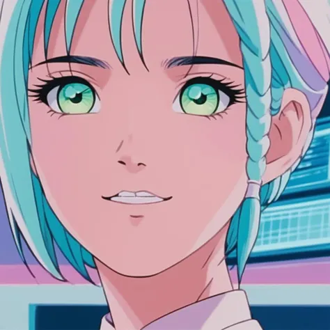 realistic, k4r1n woman standing, kawaii, cute, extreme close-up eye focus, happy, front view, background of gradient fluorescent computer room, pastel tones (by wes anderson:1) <lora:k4r1n-000005:0.6>