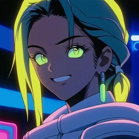 realistic, k4r1n woman standing, extreme close-up, happy, front view, background of gradient fluorescent, , nightime, neon lights <lora:k4r1n-000005:0.6> (masterpiece,best quality,niji style)