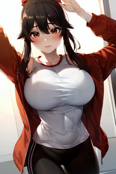 (masterpiece:1.2, best quality), 1lady, solo, upper body, <lora:chobibi:0.8>, chobi, large breasts, white t-shirt, {red puffer jacket}, white yoga pants, white joggers