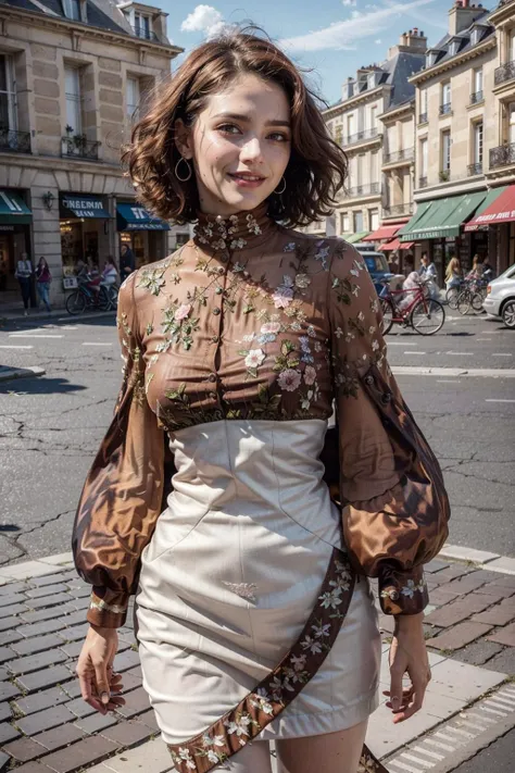 (realistic:1.3), finely detailed, quality, rembrandt lighting, (masterpiece:1.2), (photorealistic:1.2), (best quality), (detailed skin:1.3), (intricate details), dramatic, ray tracing, 1girl, french girl, 21 years old, detailed skin texture, (blush:0.5), (goosebumps:0.5), subsurface scattering, smiling, medium breasts, short hair curls, bangs, hair between eyes, brownmcq dress, cowboy shot, (bright sunny day, outdoors, paris, street, shops, sky), <lora:brownmcq_v8:0.5>