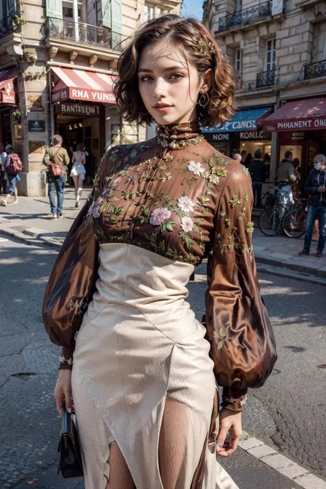 (realistic:1.3), finely detailed, quality, rembrandt lighting, (masterpiece:1.2), (photorealistic:1.2), (best quality), (detailed skin:1.3), (intricate details), dramatic, ray tracing, 1girl, french girl, 21 years old, detailed skin texture, (blush:0.5), (goosebumps:0.5), subsurface scattering, smiling, medium breasts, short hair curls, bangs, hair between eyes, brownmcq dress, cowboy shot, elegant pose, (bright sunny day, outdoors, paris, street, shops, sky), <lora:brownmcq_v8:0.5>