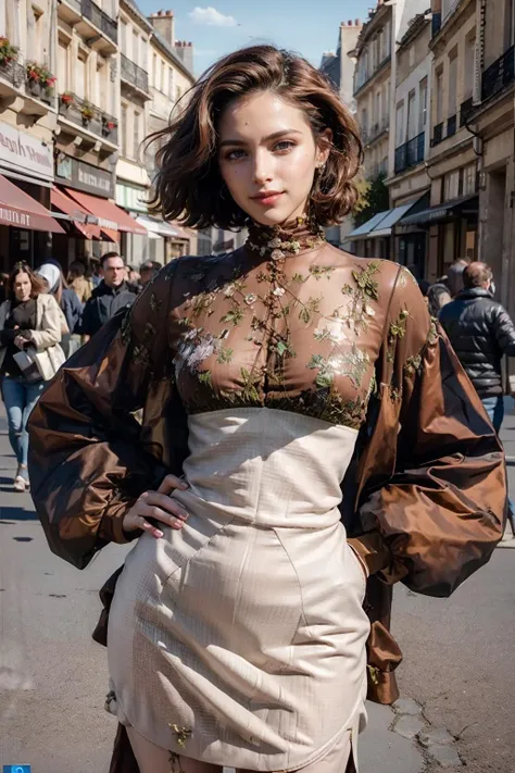 (realistic:1.3), finely detailed, quality, rembrandt lighting, (masterpiece:1.2), (photorealistic:1.2), (best quality), (detailed skin:1.3), (intricate details), dramatic, ray tracing, 1girl, french girl, 21 years old, detailed skin texture, (blush:0.5), (goosebumps:0.5), subsurface scattering, smiling, medium breasts, short hair curls, bangs, hair between eyes, brownmcq dress, cowboy shot, one hand on hip, (bright sunny day, outdoors, paris, street, shops, sky), <lora:brownmcq_v8:0.5>